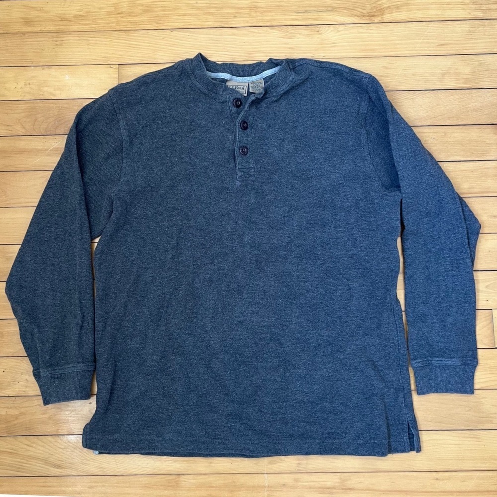 LL Bean Mens Henley Shirt Long Sleeve Waffle Knit Charcoal Gray L-Tall 187245